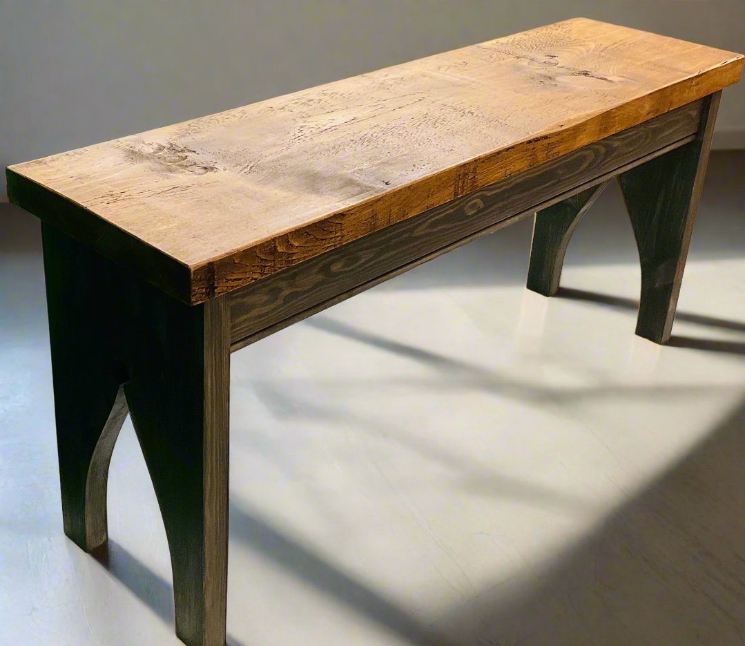 Pine bench seat, pine seart, black wash frame in a farmhouse style with arched detail to ends
