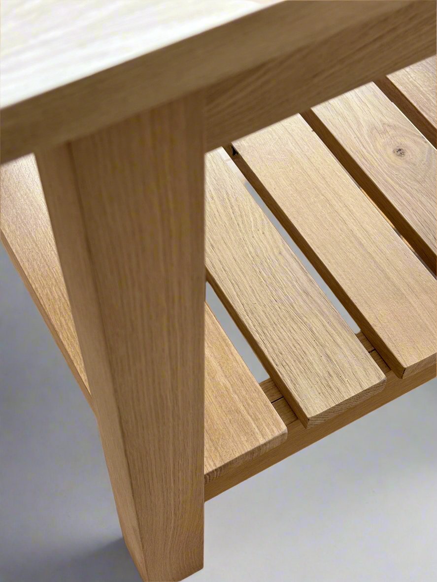 Solid oak chunky vanity basin wash stand. Free standing bathroom basin unit ith solid oak op and slatted shelf beneath .