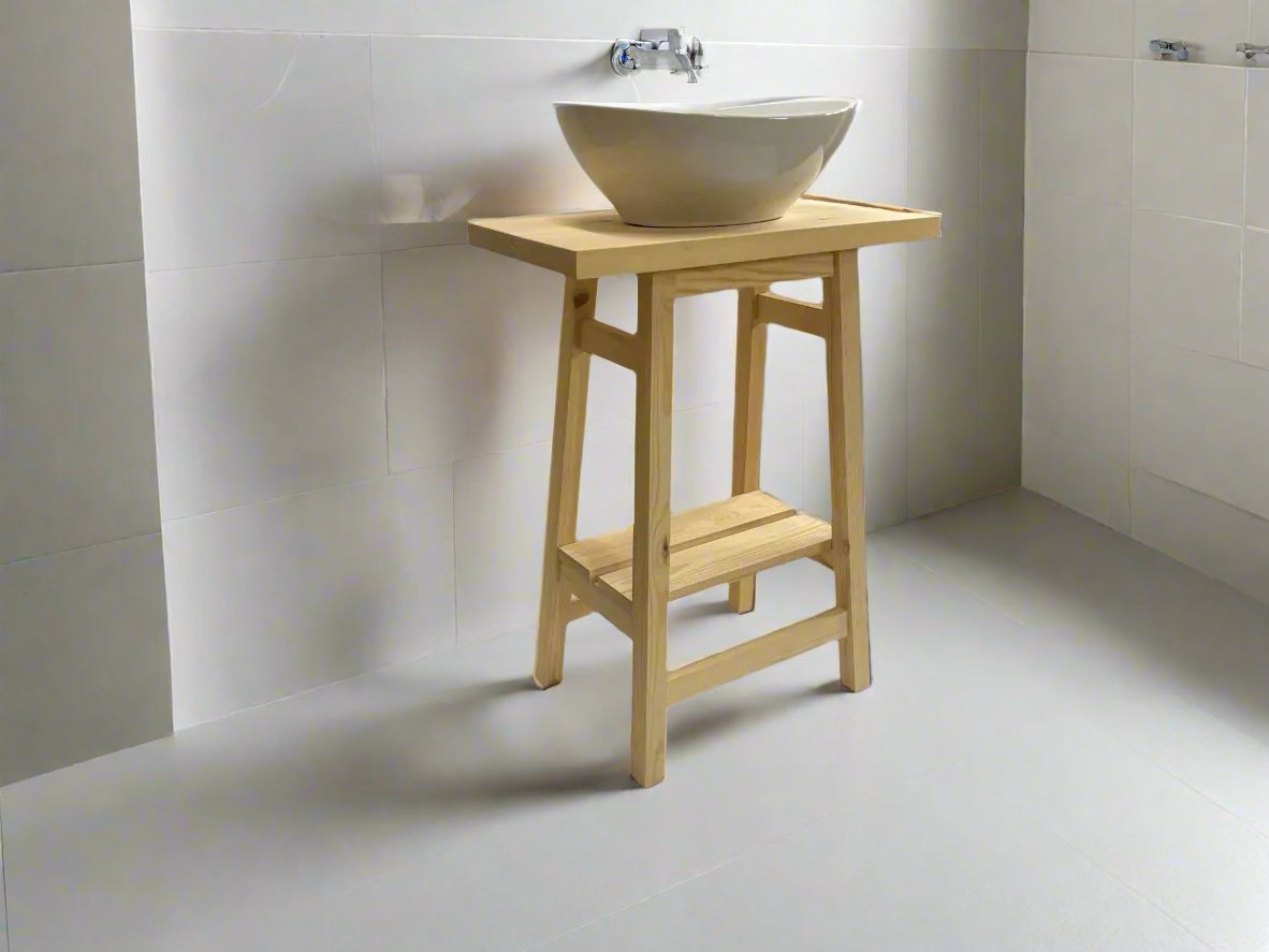 Tall vanity basin wash stand, pine looks like a stool and made using pine. Wooden counter top for your sink to sit on and slatted shelf beneath.