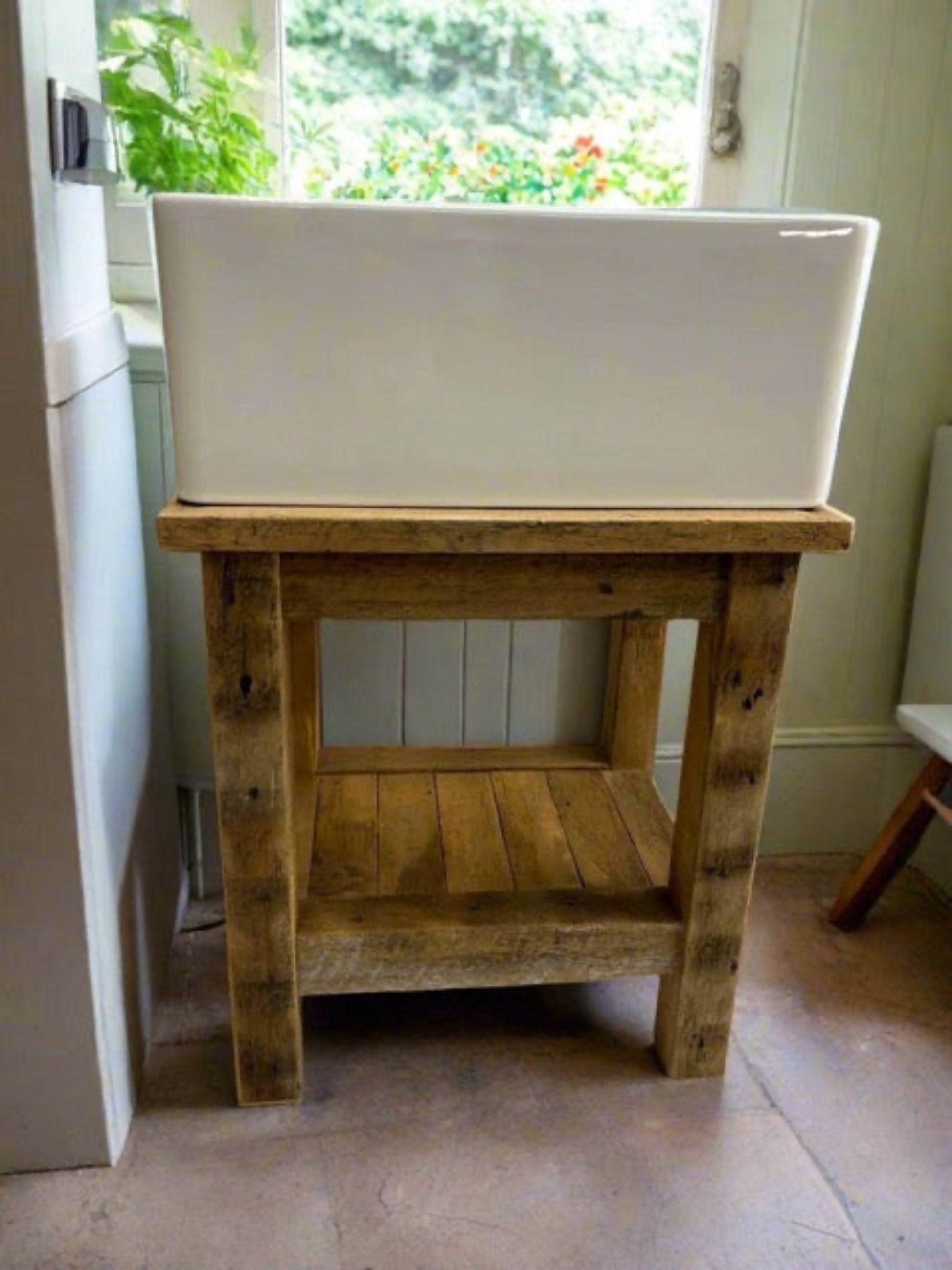 Rustic Belfast butler sink stand, made using reclaimed wood. Very authentic stand for your sink having nail holes in the beams , very characterful 