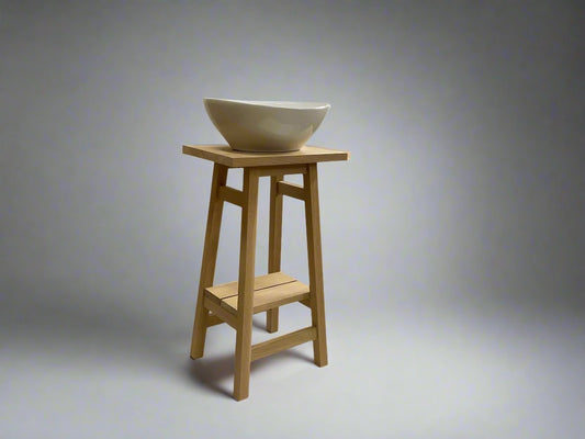 Splay vanity stand in solid oak with slat shelf 