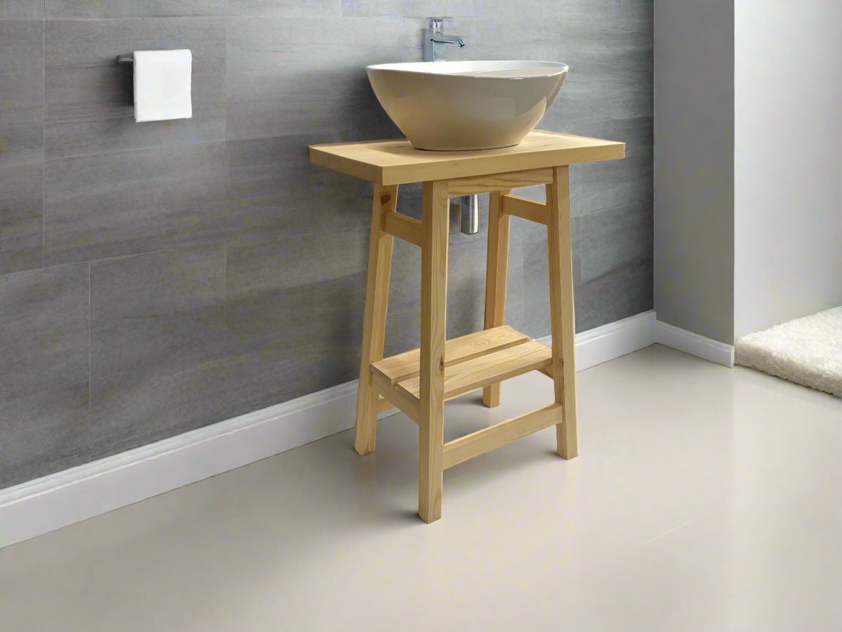 Vanity basin wash stand, stool shape design. Rather tall with towel handy  slatted shelf underneath. minimal modern free standing vanity wash stand . Smooth clean lines.